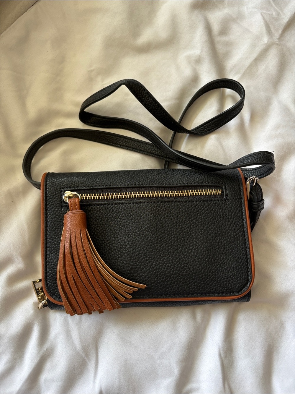 Women's Black Leather Crossbody Bag with Brown Tassel